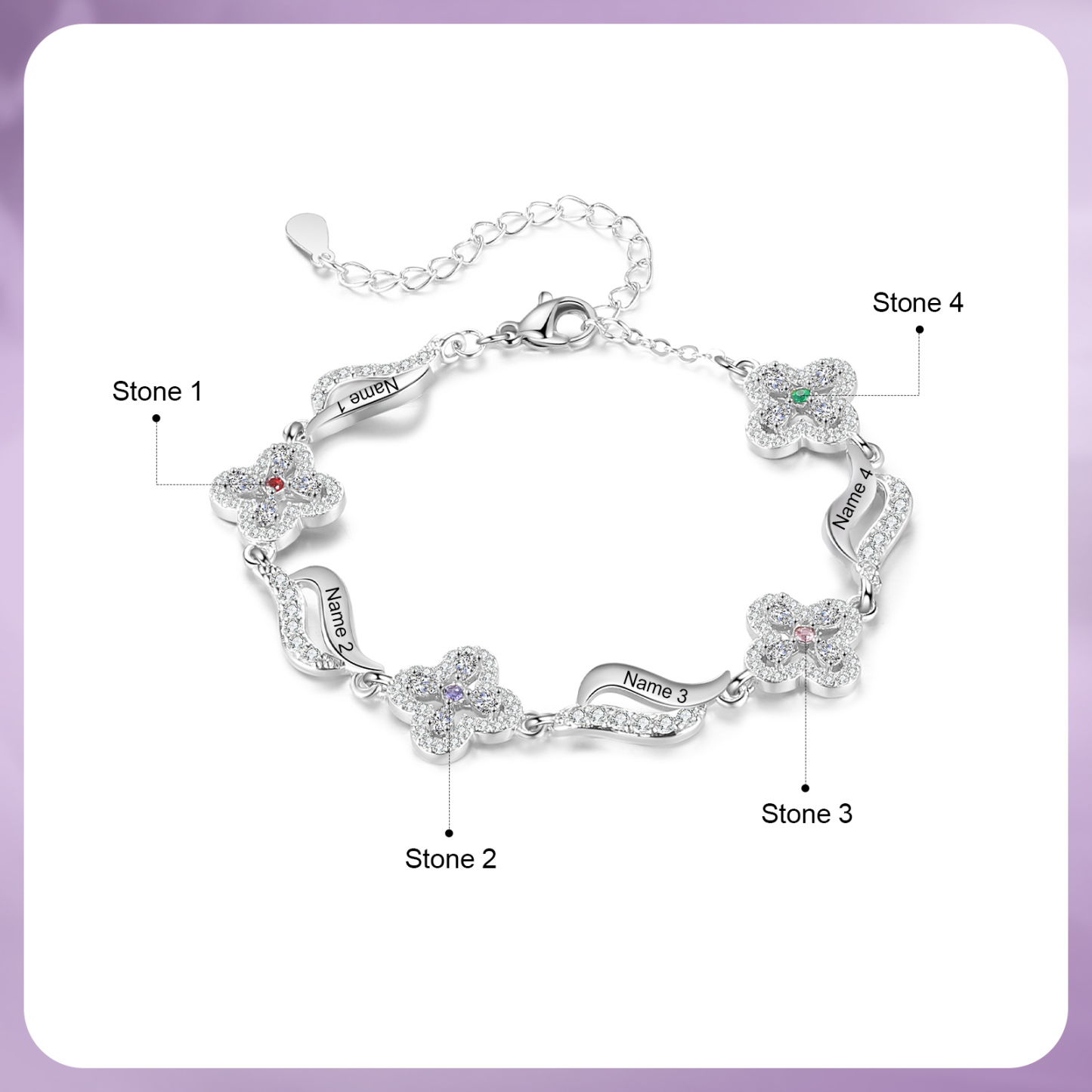 4 Names - Personalized Birthstone Bracelet, Customized 4 Names and Birthstone, Flower Bracelet Gift for Nan