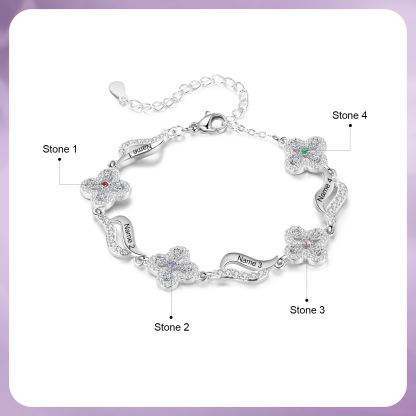 4 Names - Personalized Birthstone Bracelet, Customized 4 Names and Birthstone, Flower Bracelet Gift for Nan
