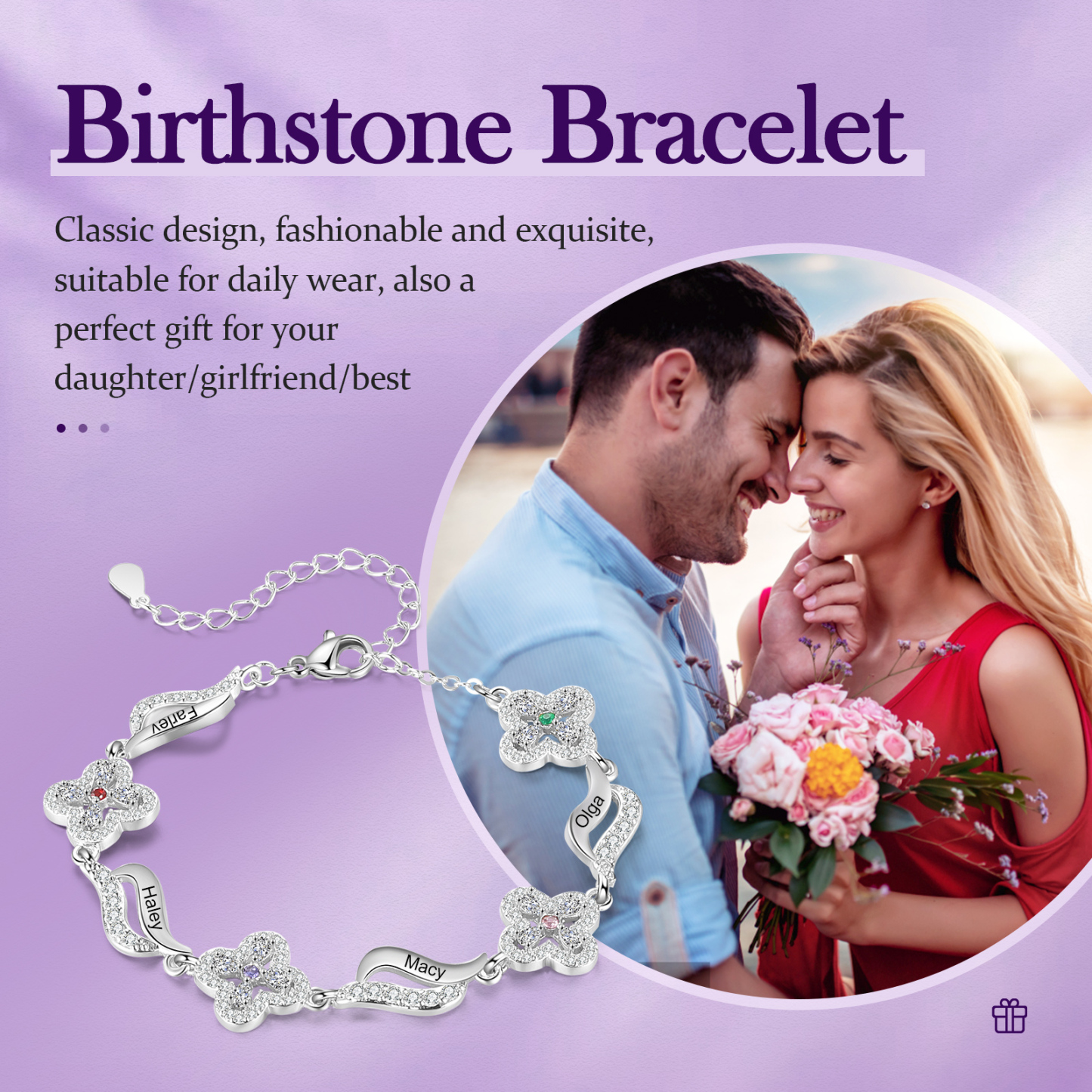 4 Names - Personalized Birthstone Bracelet, Customized 4 Names and Birthstone, Flower Bracelet Gift for Nan