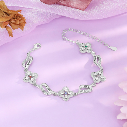 4 Names - Personalized Birthstone Bracelet, Customized 4 Names and Birthstone, Flower Bracelet Gift for Nan