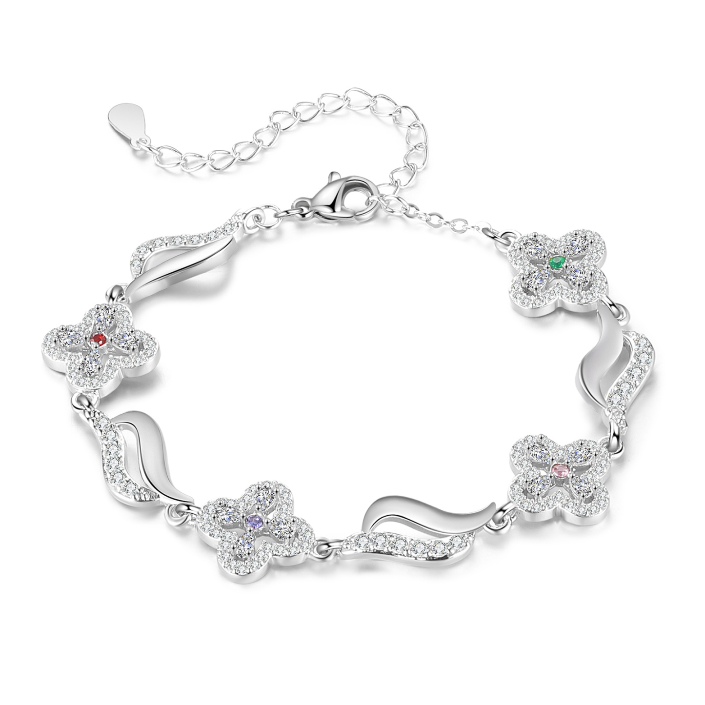 4 Names - Personalized Birthstone Bracelet, Customized 4 Names and Birthstone, Flower Bracelet Gift for Nan