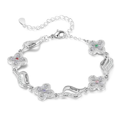 4 Names - Personalized Birthstone Bracelet, Customized 4 Names and Birthstone, Flower Bracelet Gift for Nan