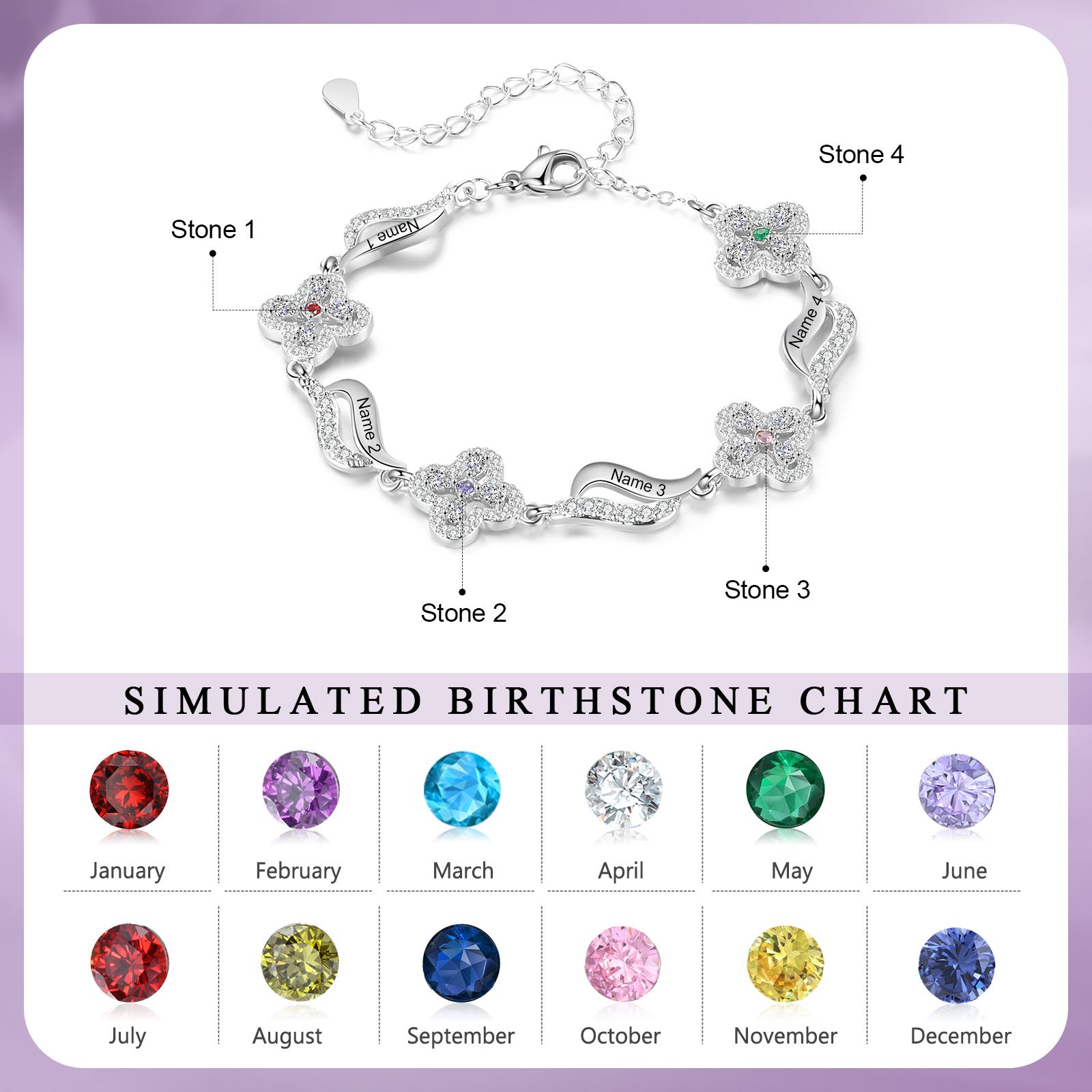4 Names - Personalized Birthstone Bracelet, Customized 4 Names and Birthstone, Flower Bracelet Gift for Nan
