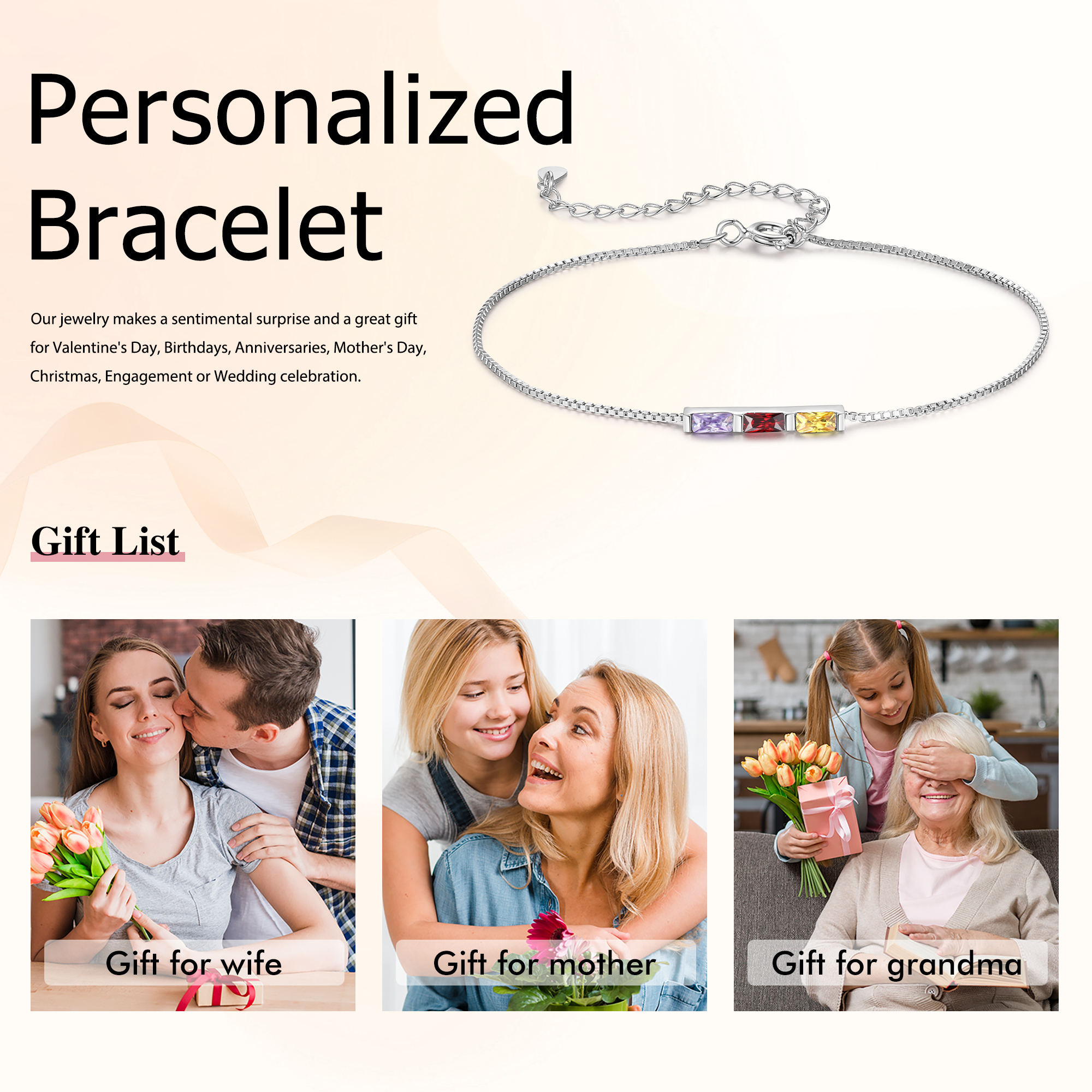 Personalised S925 Silver Women's Bracelet – Custom 3 Birthstones Gift for Nan/Mum/Daughter | Jessemade