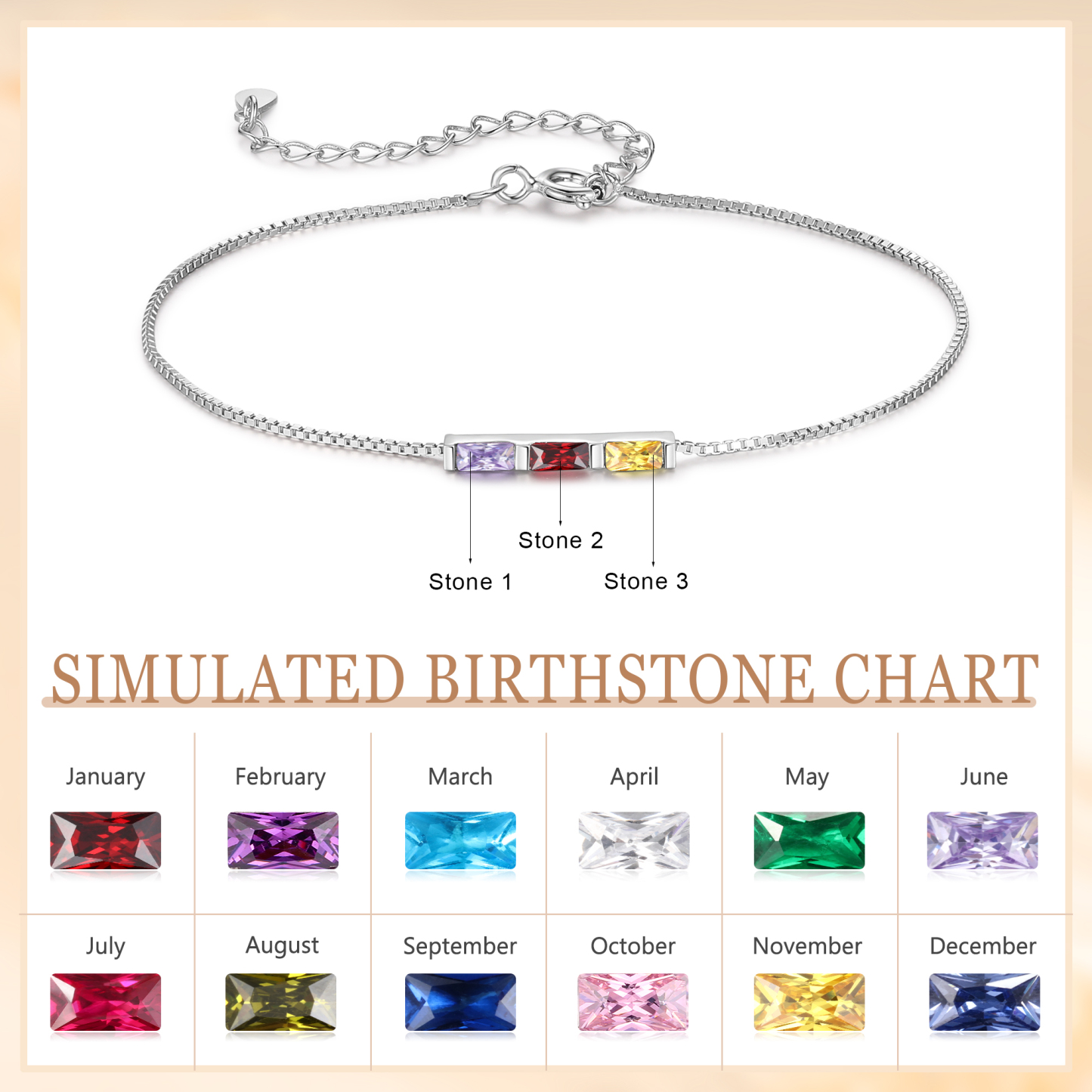 Personalised S925 Silver Women's Bracelet – Custom 3 Birthstones Gift for Nan/Mum/Daughter | Jessemade