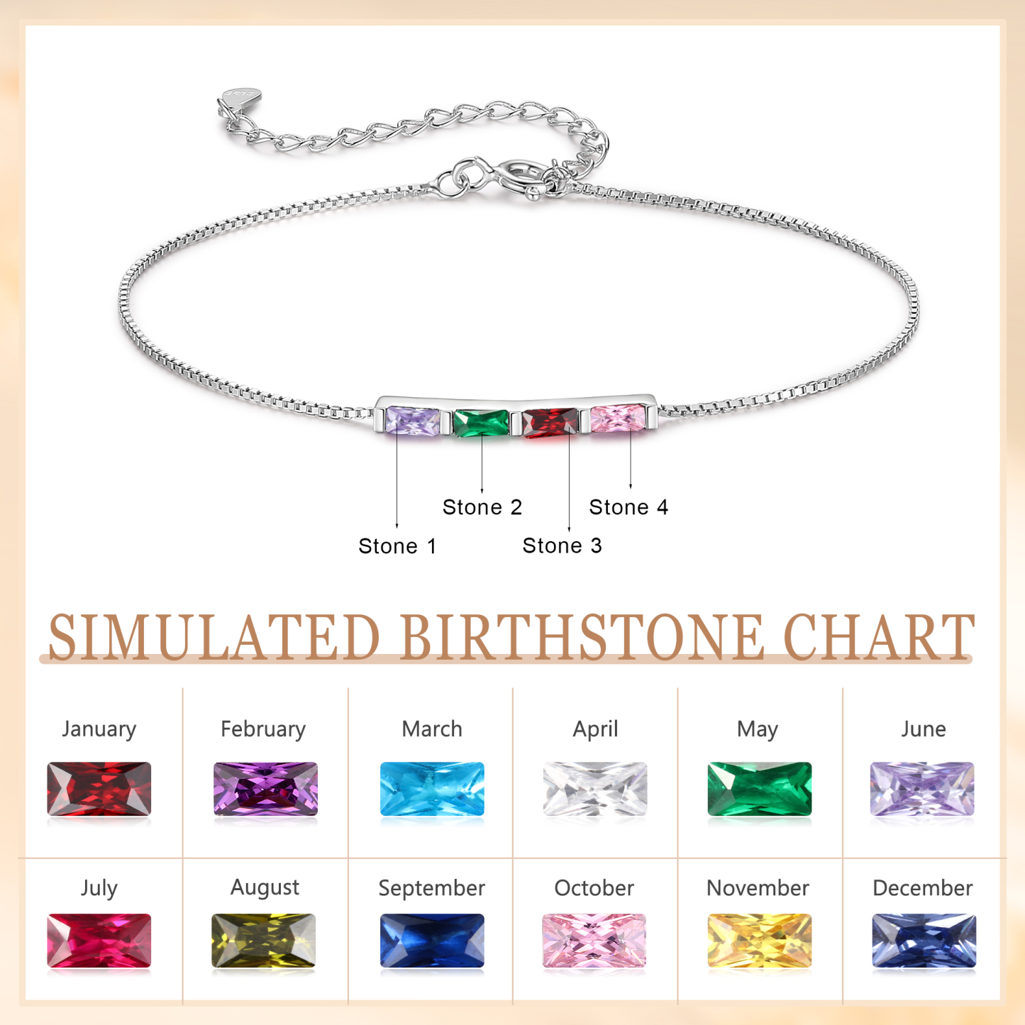 Personalised S925 Silver Women's Bracelet – Custom 4 Birthstones Gift for Nan/Mum/Daughter | Jessemade