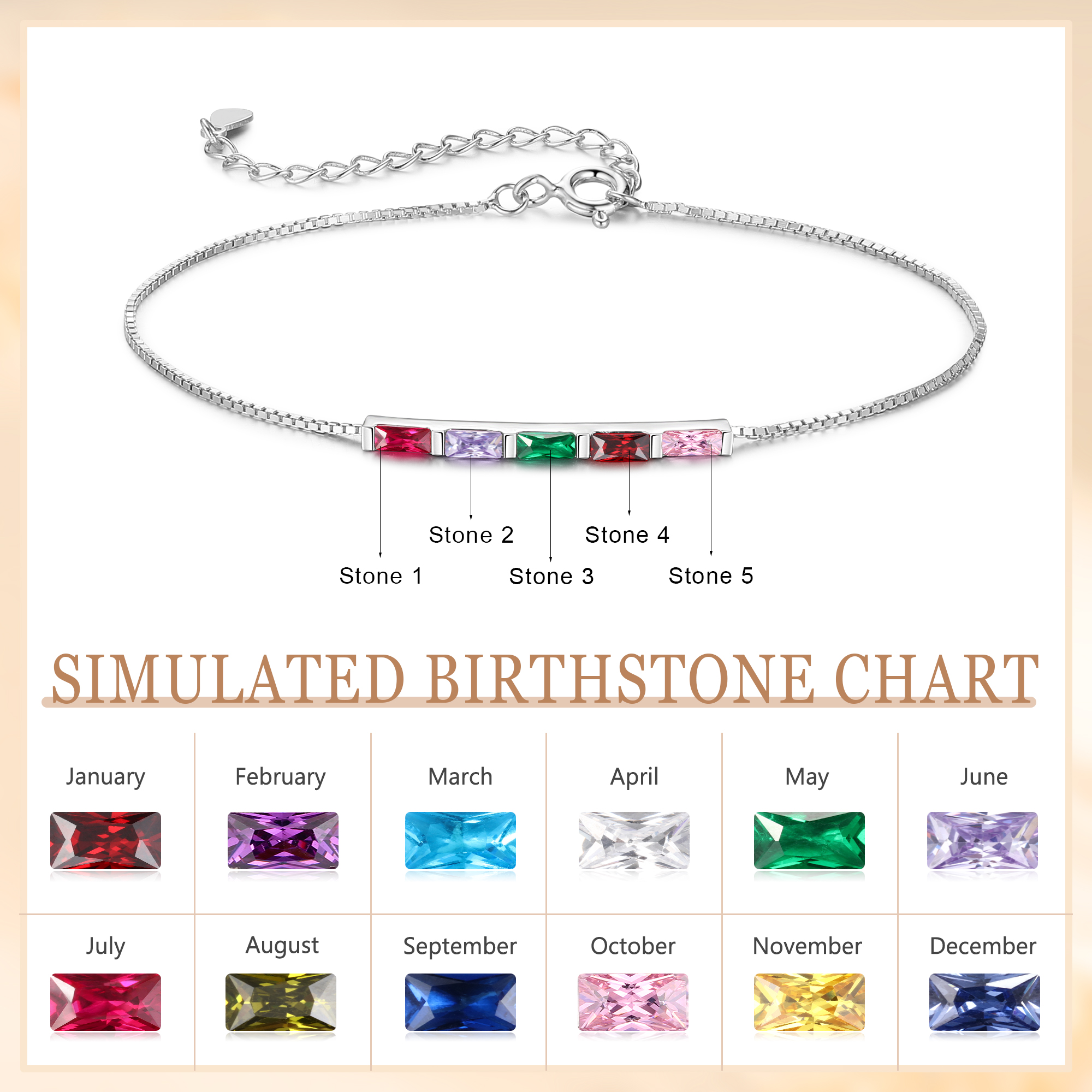 Personalised S925 Silver Women's Bracelet – Custom 5 Birthstones Gift for Nan/Mum/Daughter | Jessemade