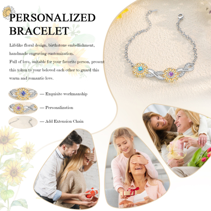 2 Names - Personalized Women's Bracelet Custom 2 Names and 2 Birthstones Sunflower Bracelet for Her