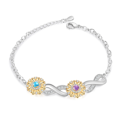 2 Names - Personalized Women's Bracelet Custom 2 Names and 2 Birthstones Sunflower Bracelet for Her