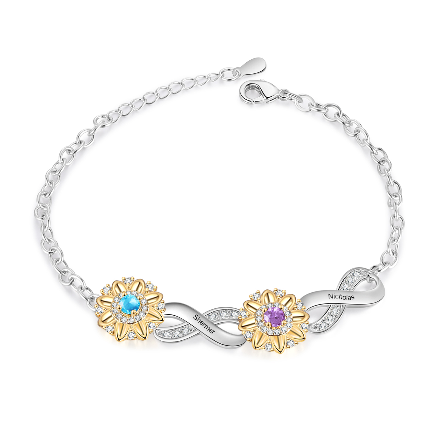 2 Names - Personalized Women's Bracelet Custom 2 Names and 2 Birthstones Sunflower Bracelet for Her