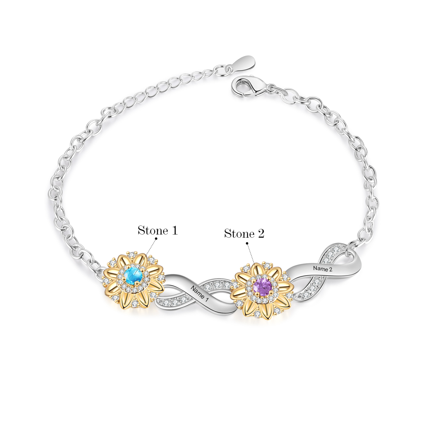 2 Names - Personalized Women's Bracelet Custom 2 Names and 2 Birthstones Sunflower Bracelet for Her