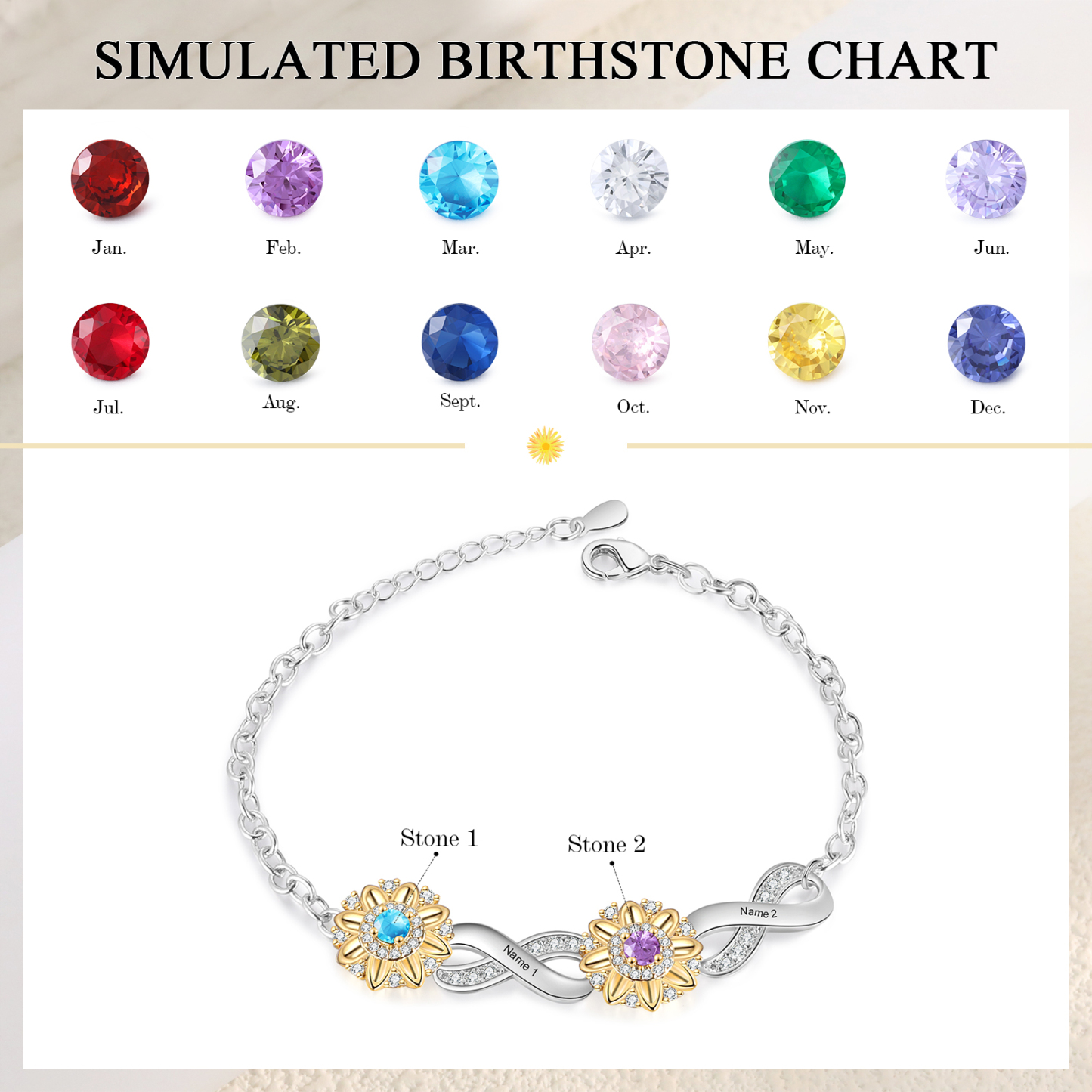 2 Names - Personalized Women's Bracelet Custom 2 Names and 2 Birthstones Sunflower Bracelet for Her