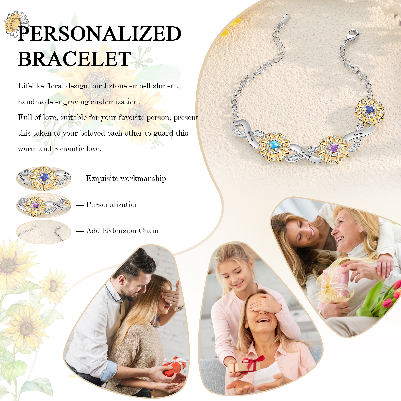 3 Names - Personalized Women's Bracelet Custom 3 Names and 3 Birthstones Sunflower Bracelet for Her