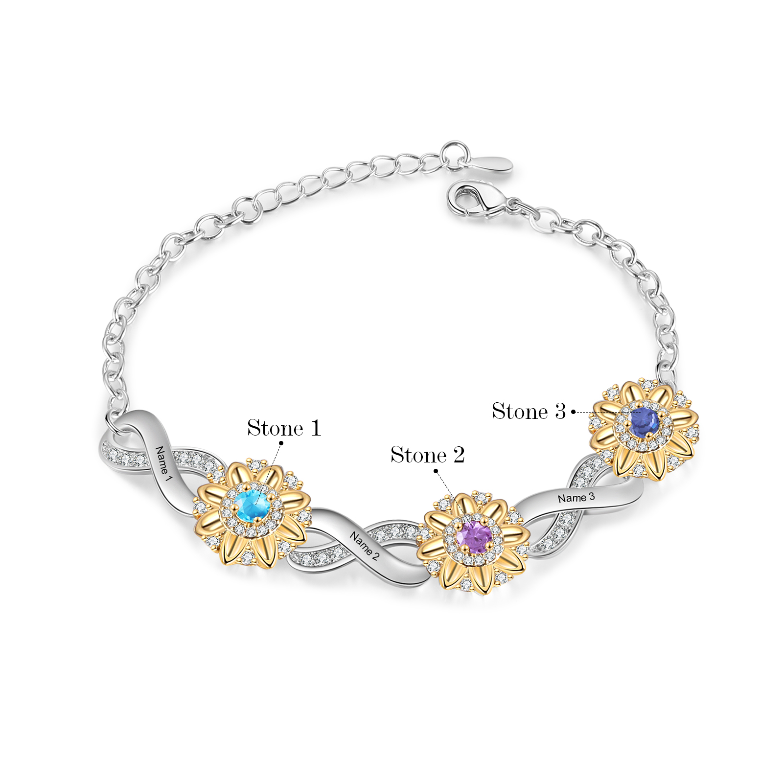 3 Names - Personalized Women's Bracelet Custom 3 Names and 3 Birthstones Sunflower Bracelet for Her