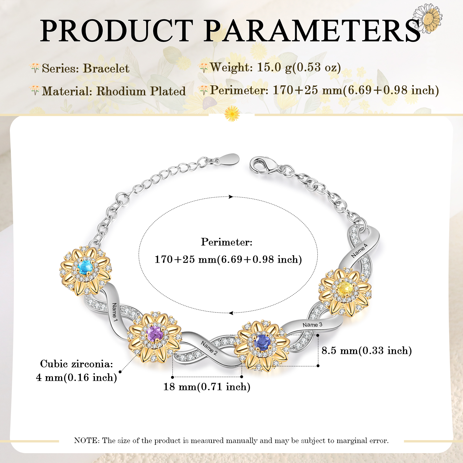 4 Names - Personalized Women's Bracelet Custom 4 Names and 4 Birthstones Sunflower Bracelet for Her
