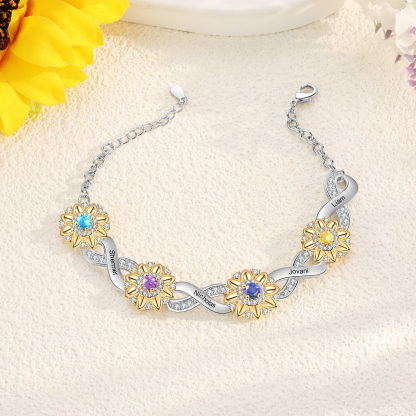 4 Names - Personalized Women's Bracelet Custom 4 Names and 4 Birthstones Sunflower Bracelet for Her