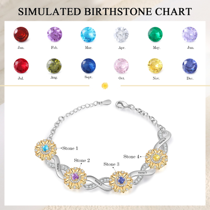 4 Names - Personalized Women's Bracelet Custom 4 Names and 4 Birthstones Sunflower Bracelet for Her