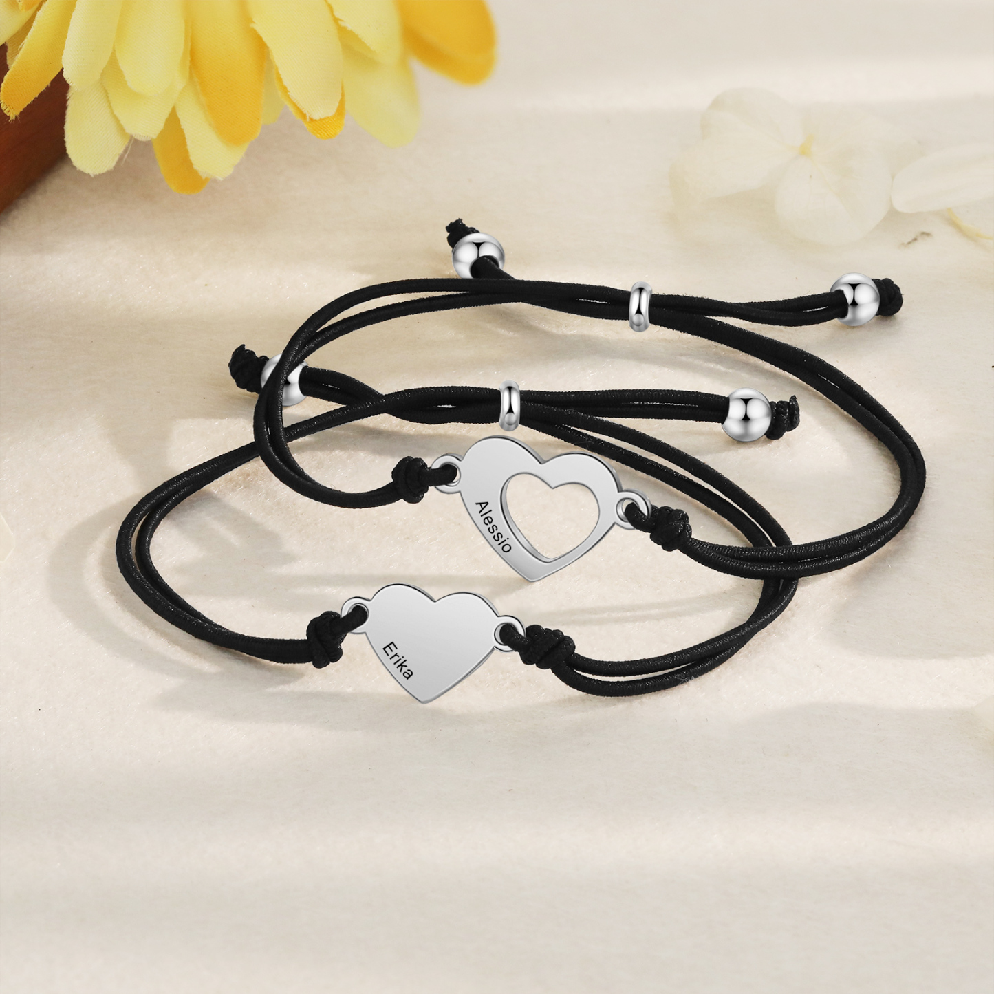 2-PCS Personalized 2 Names Elastic Cord Heart Bracelet, Back To School Gift For Daughter