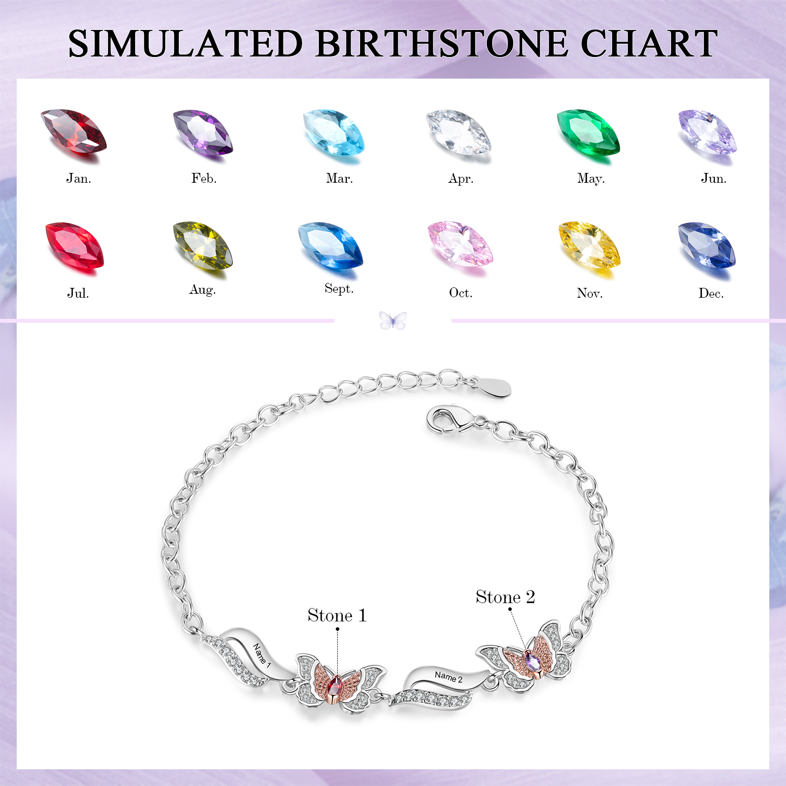 2 Names - Personalized Women's Bracelet Customized 2 Names and 2 Birthstones Bracelet Perfect Gift for Her
