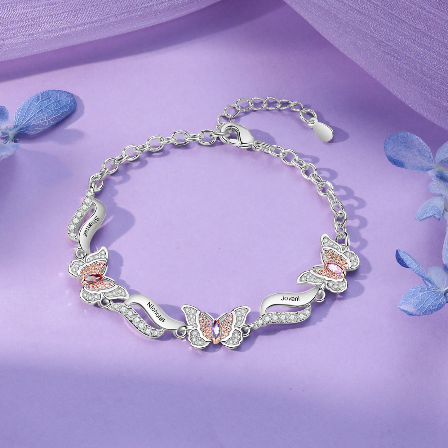 3 Names - Personalized Women's Bracelet Customized 3 Names and 3 Birthstones Bracelet Perfect Gift for Her