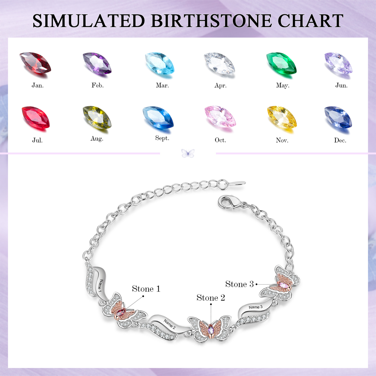 3 Names - Personalized Women's Bracelet Customized 3 Names and 3 Birthstones Bracelet Perfect Gift for Her