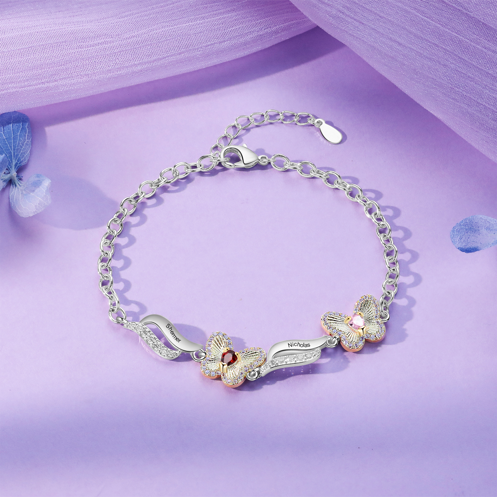 2 Names - Personalized Women's Bracelet Customized 2 Names & 2 Birthstones Butterfly Bracelet for Her