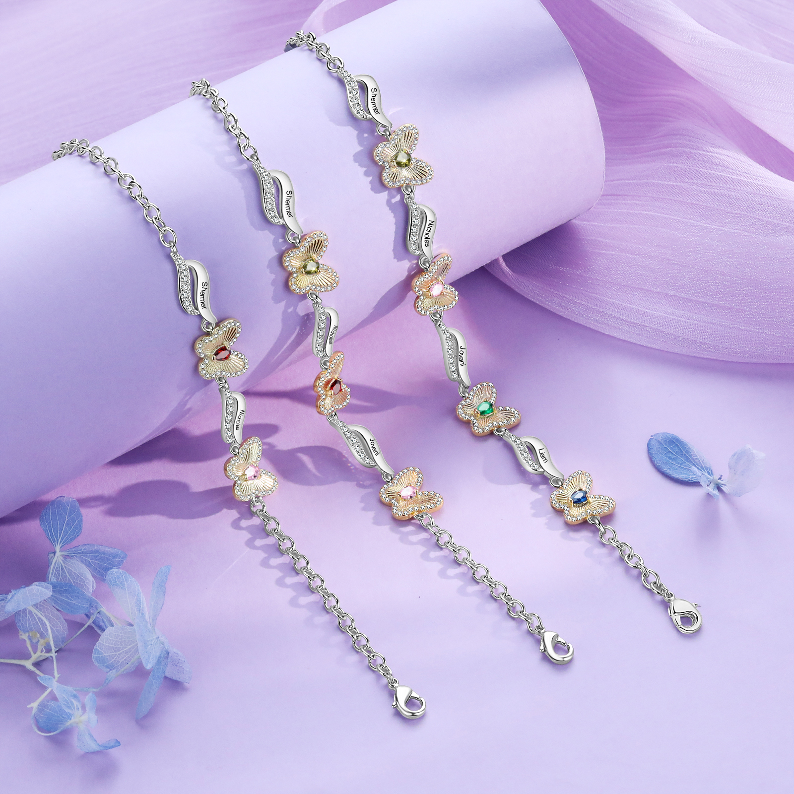 3 Names - Personalized Women's Bracelet Customized 3 Names & 3 Birthstones Butterfly Bracelet for Her