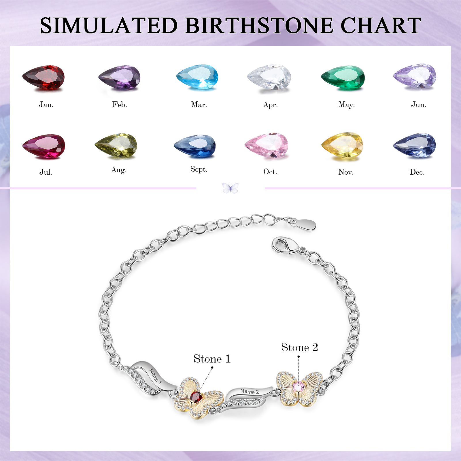 2 Names - Personalized Women's Bracelet Customized 2 Names & 2 Birthstones Butterfly Bracelet for Her