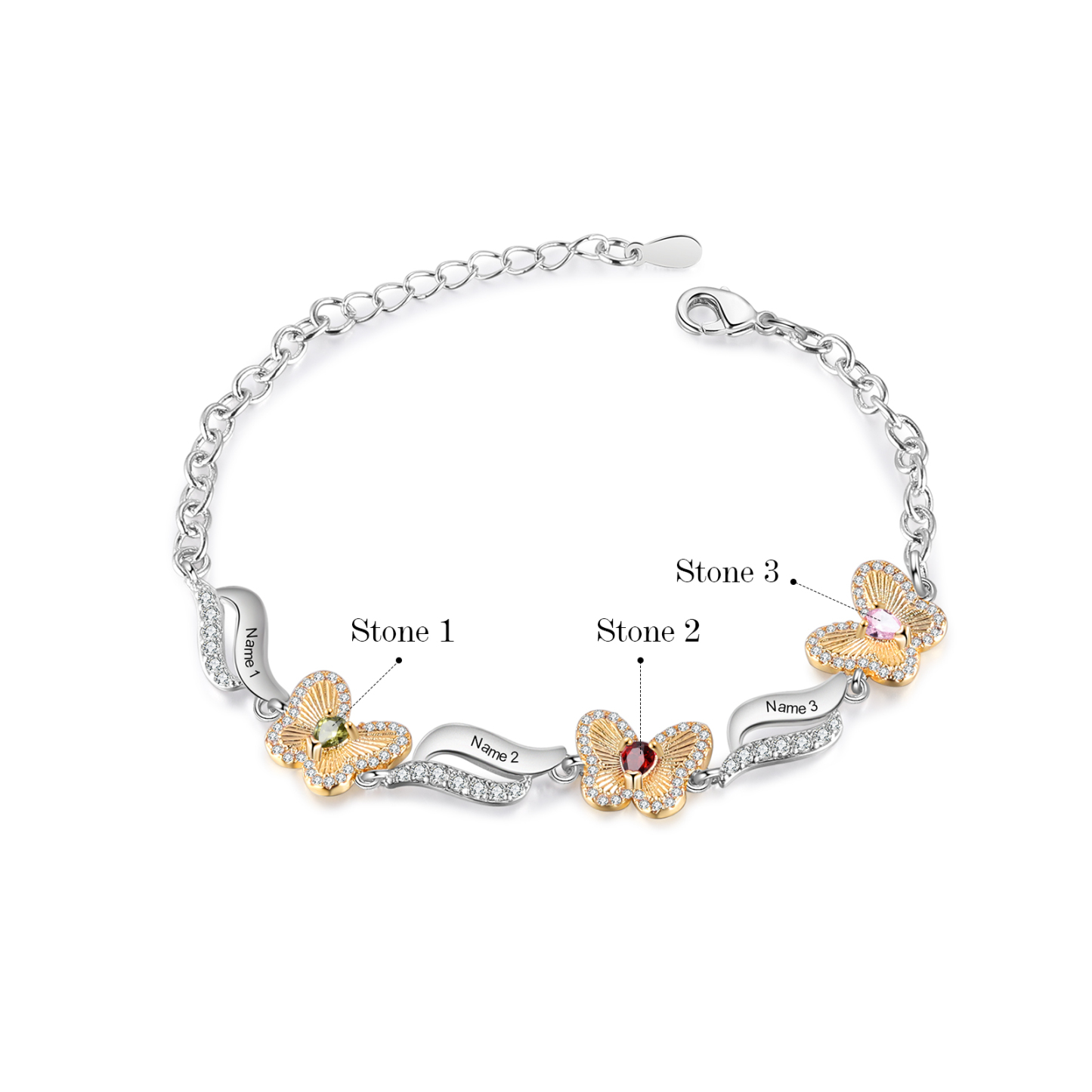 3 Names - Personalized Women's Bracelet Customized 3 Names & 3 Birthstones Butterfly Bracelet for Her