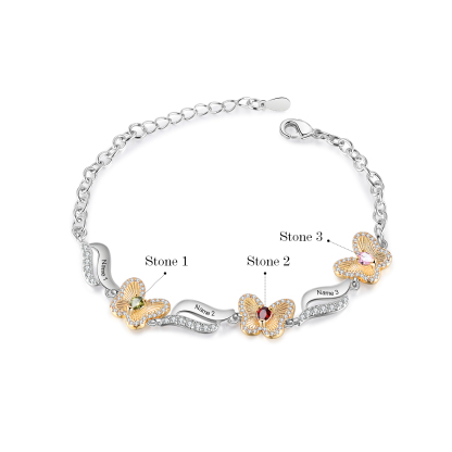 3 Names - Personalized Women's Bracelet Customized 3 Names & 3 Birthstones Butterfly Bracelet for Her