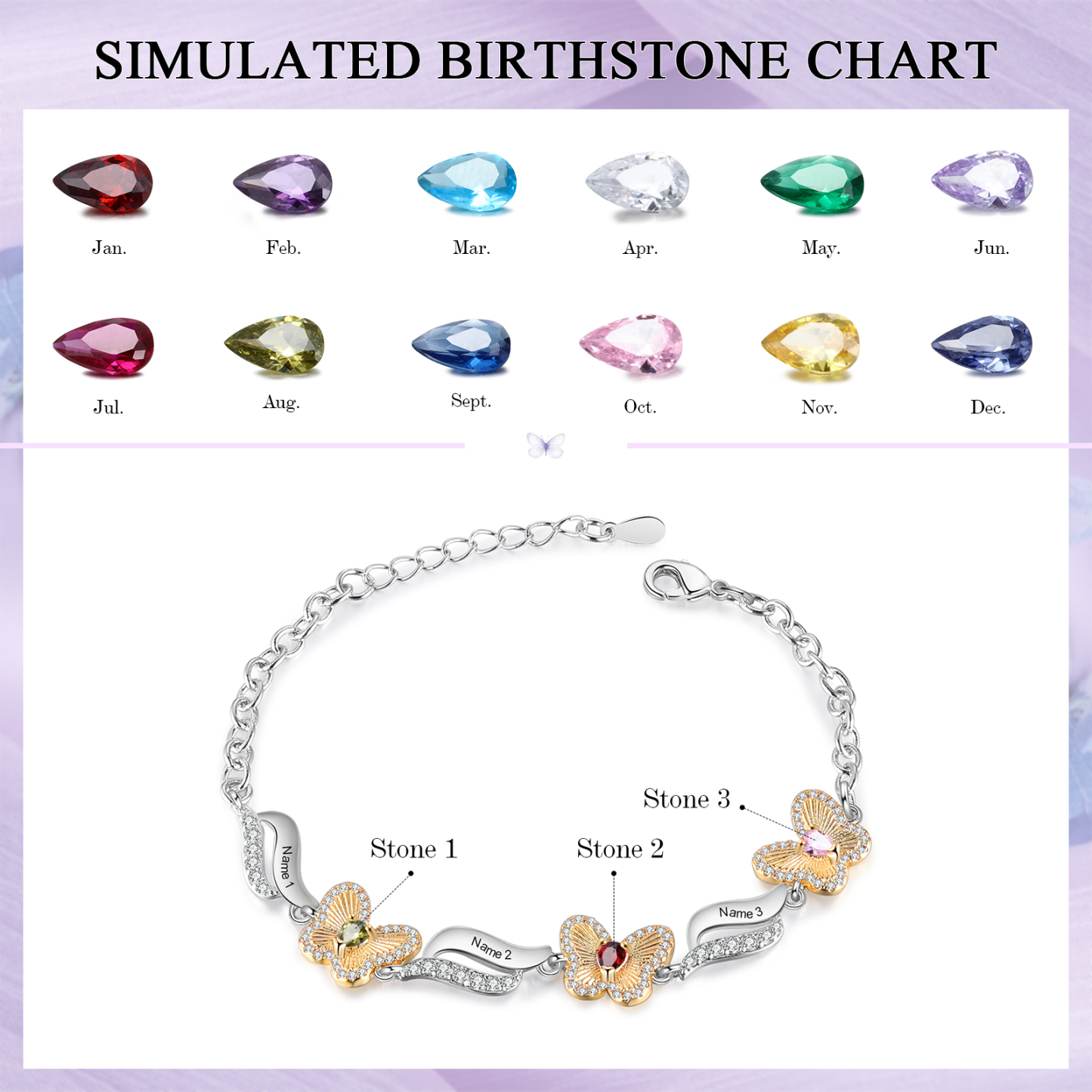 3 Names - Personalized Women's Bracelet Customized 3 Names & 3 Birthstones Butterfly Bracelet for Her