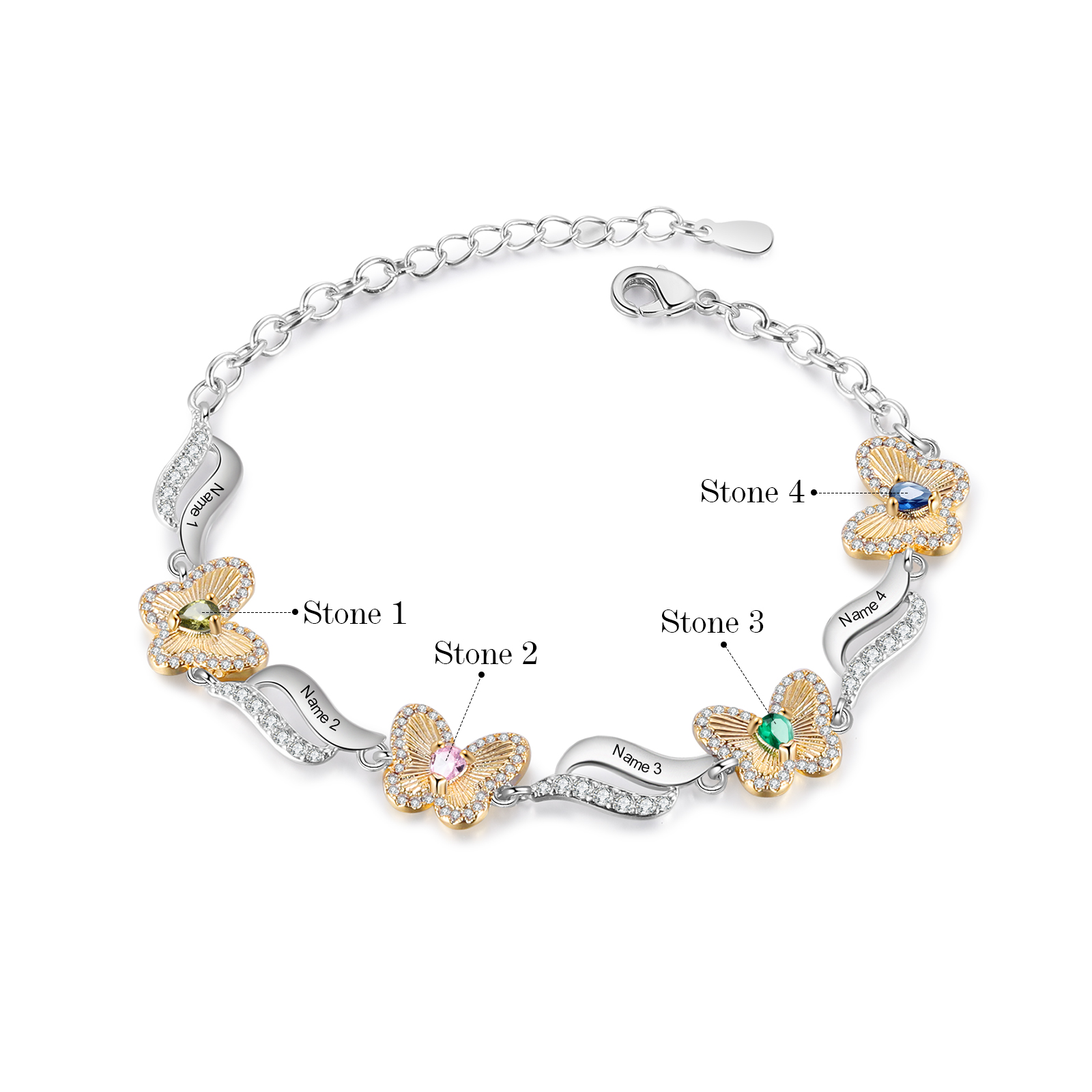 4 Names - Personalized Women's Bracelet Customized 4 Names & 4 Birthstones Butterfly Bracelet for Her