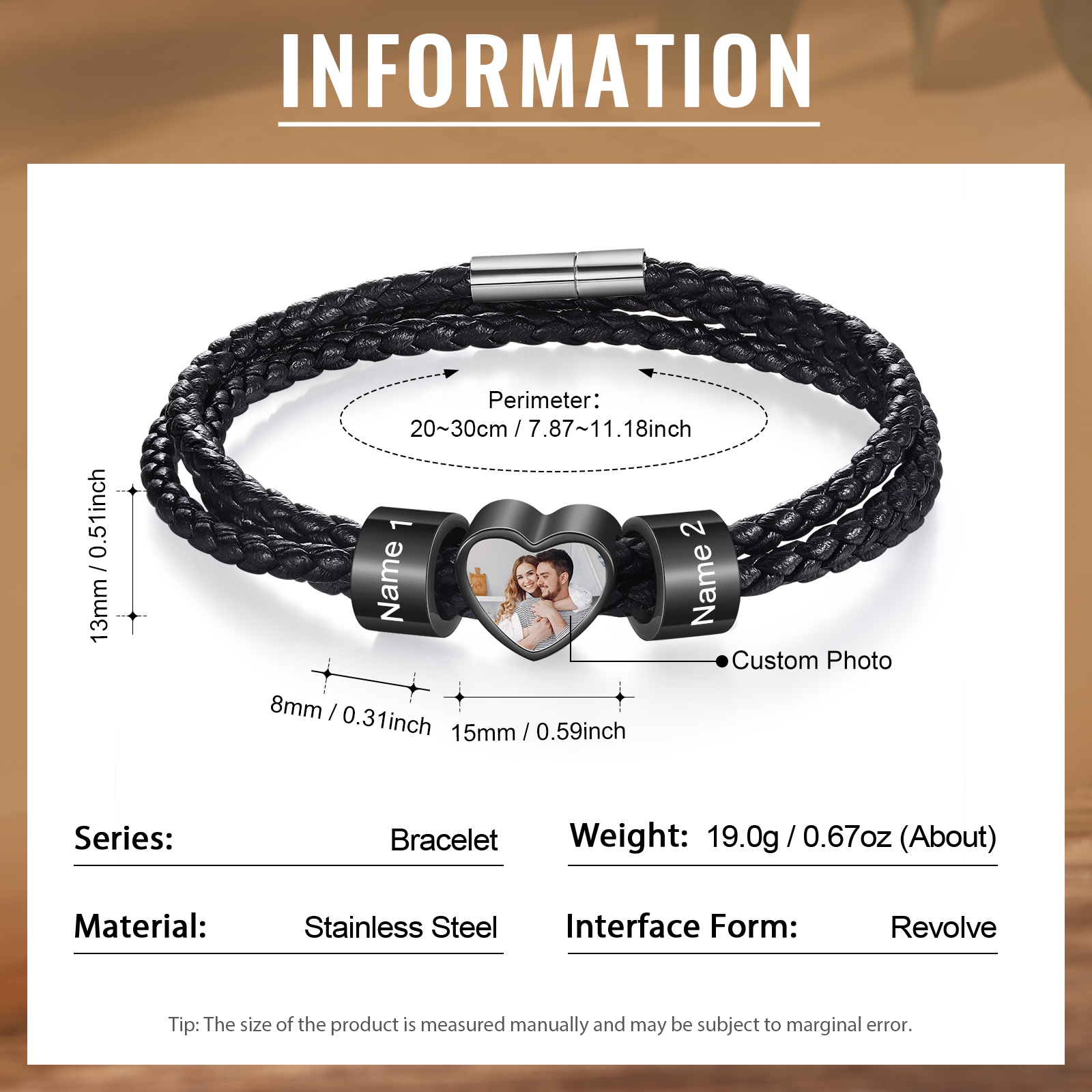 Personalised Leather Bracelet with Custom 2 Names and 1 Photo Men's Bracelet for Him | Jessmade