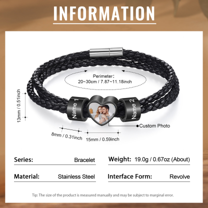 Personalised Leather Bracelet with Custom 2 Names and 1 Photo Men's Bracelet for Him | Jessmade