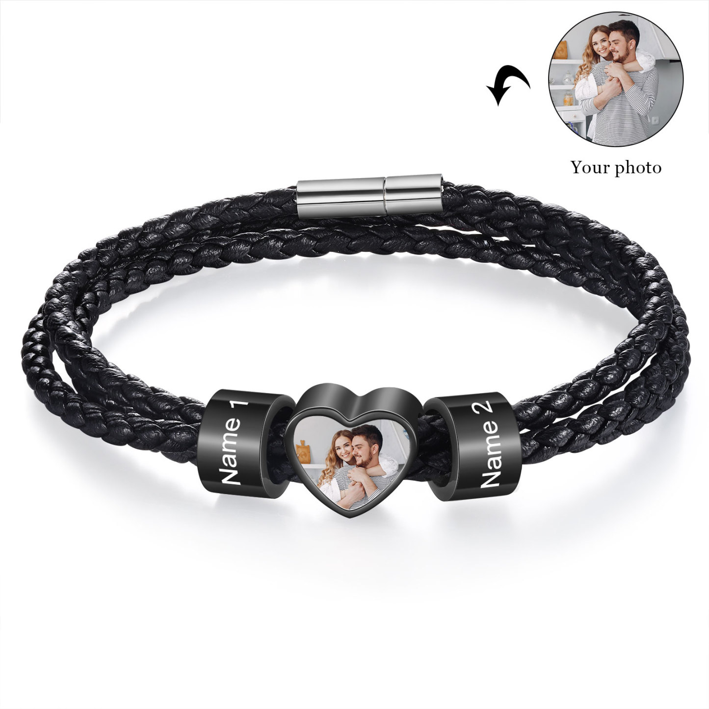Personalised Leather Bracelet with Custom 2 Names and 1 Photo Men's Bracelet for Him | Jessmade