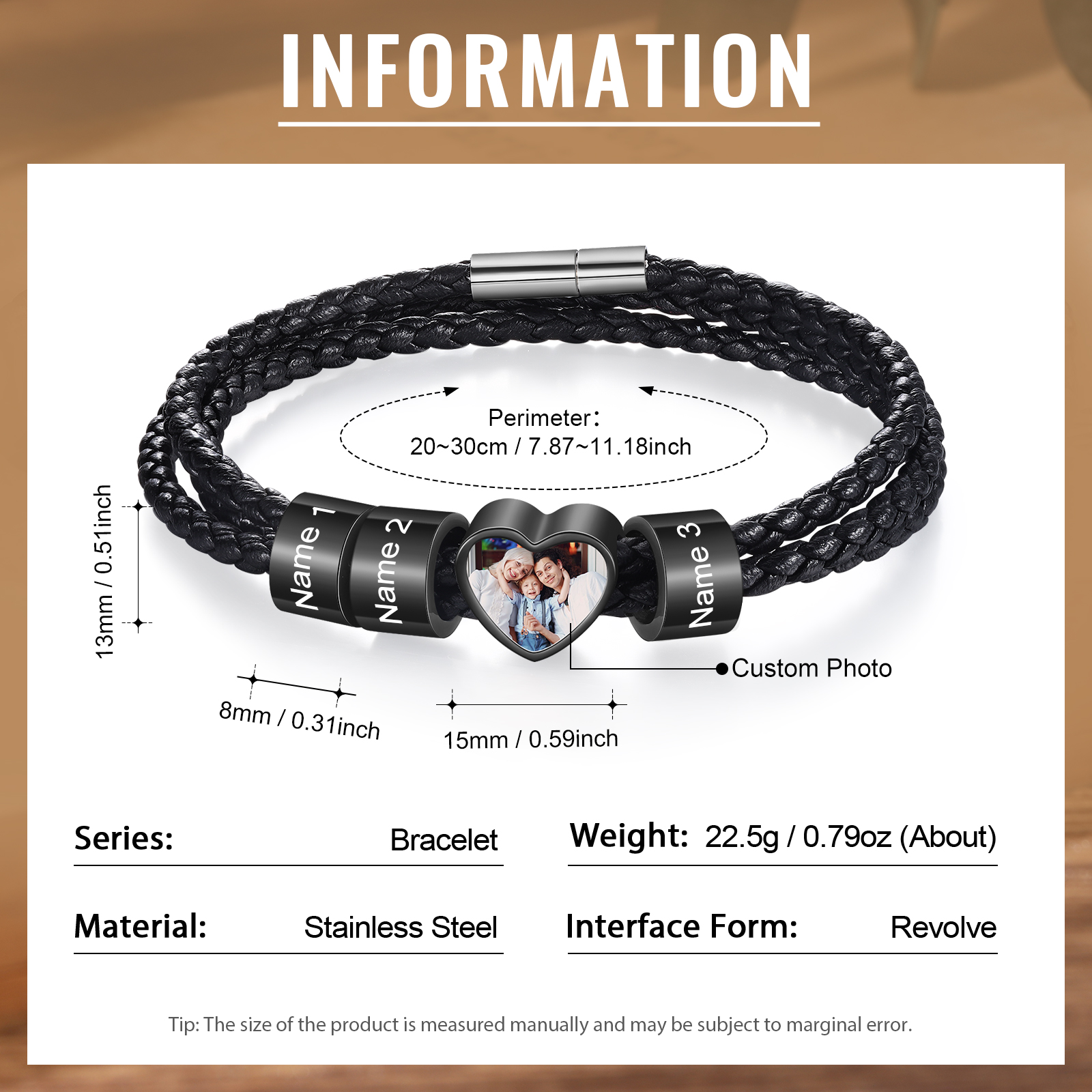 Personalised Leather Bracelet with Custom 3 Names and 1 Photo Men's Bracelet for Him | Jessmade