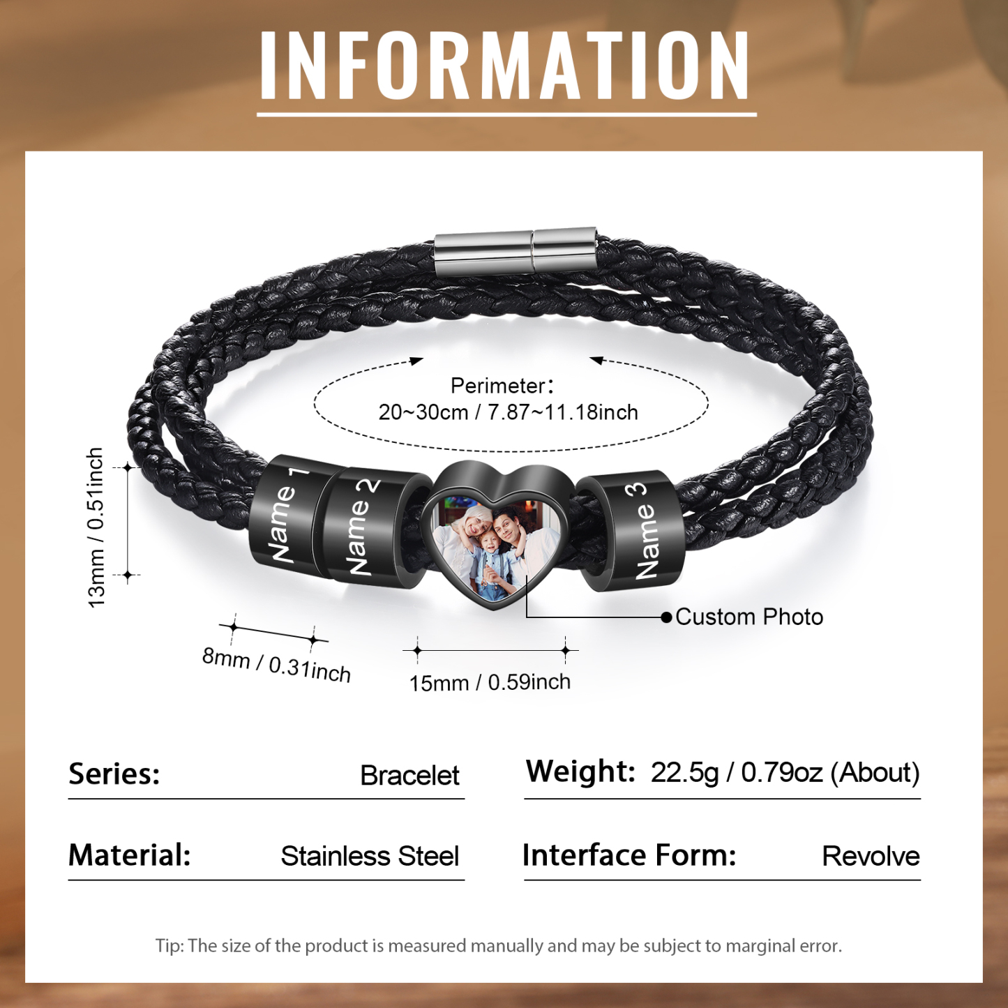 Personalised Leather Bracelet with Custom 3 Names and 1 Photo Men's Bracelet for Him | Jessmade