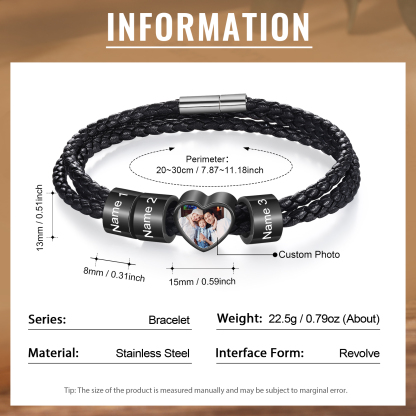 Personalised Leather Bracelet with Custom 3 Names and 1 Photo Men's Bracelet for Him | Jessmade