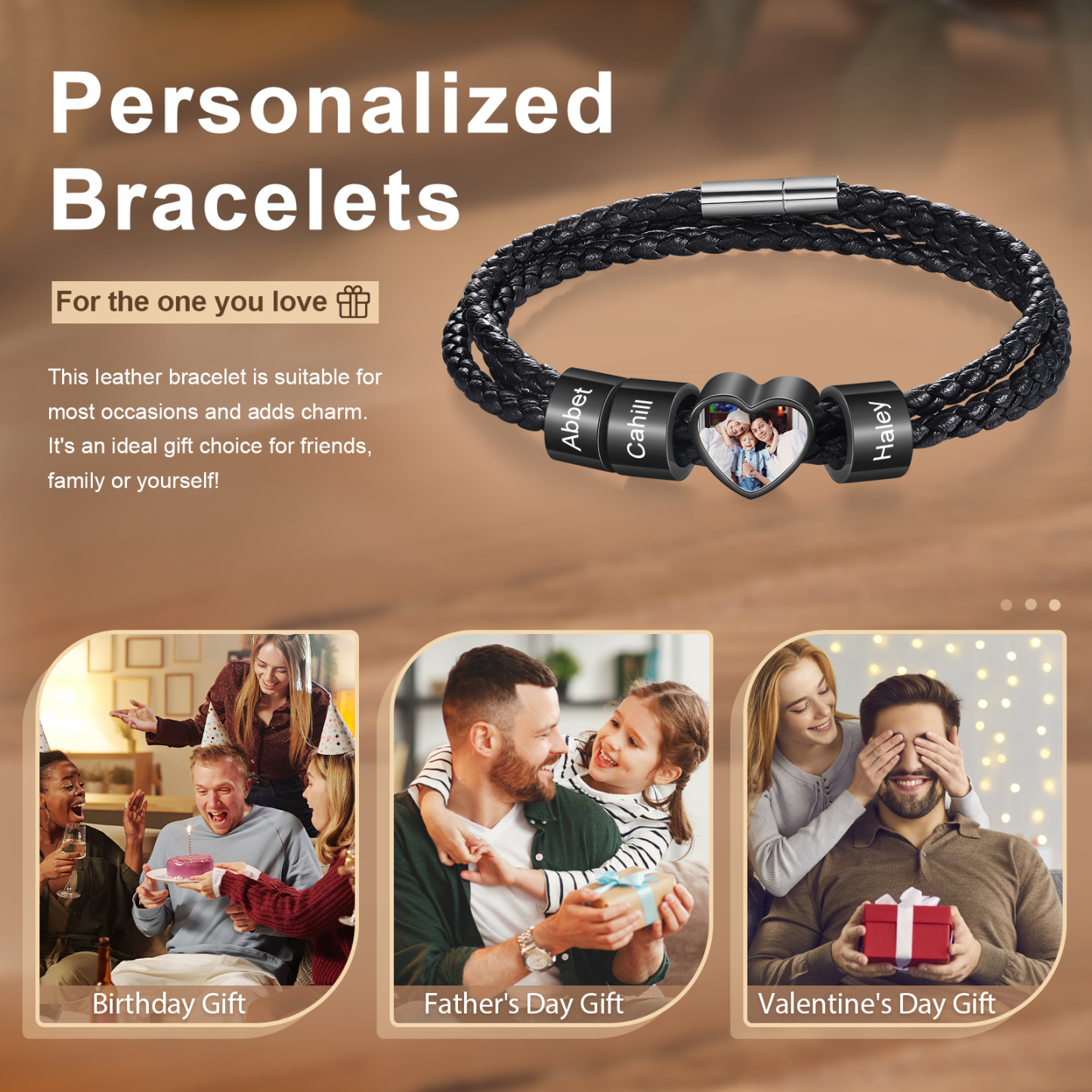 Personalised Leather Bracelet with Custom 3 Names and 1 Photo Men's Bracelet for Him | Jessmade