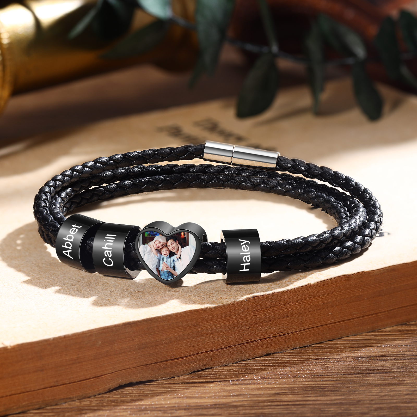 Personalised Leather Bracelet with Custom 3 Names and 1 Photo Men's Bracelet for Him | Jessmade