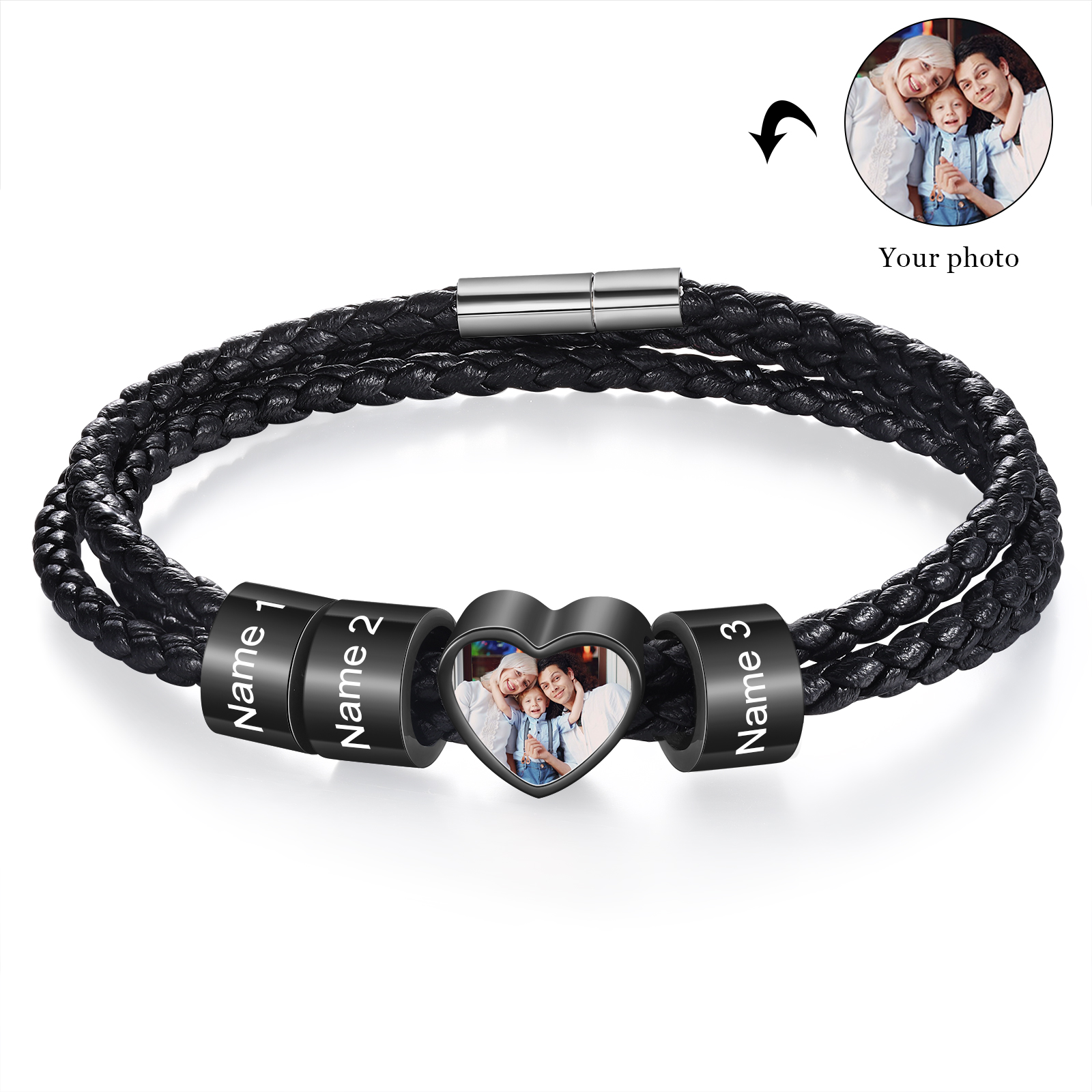 Personalised Leather Bracelet with Custom 3 Names and 1 Photo Men's Bracelet for Him | Jessmade