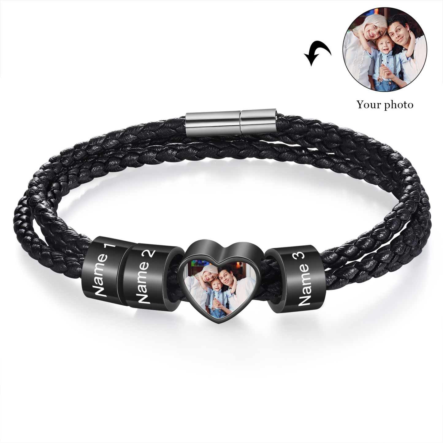 Personalised Leather Bracelet with Custom 3 Names and 1 Photo Men's Bracelet for Him | Jessmade