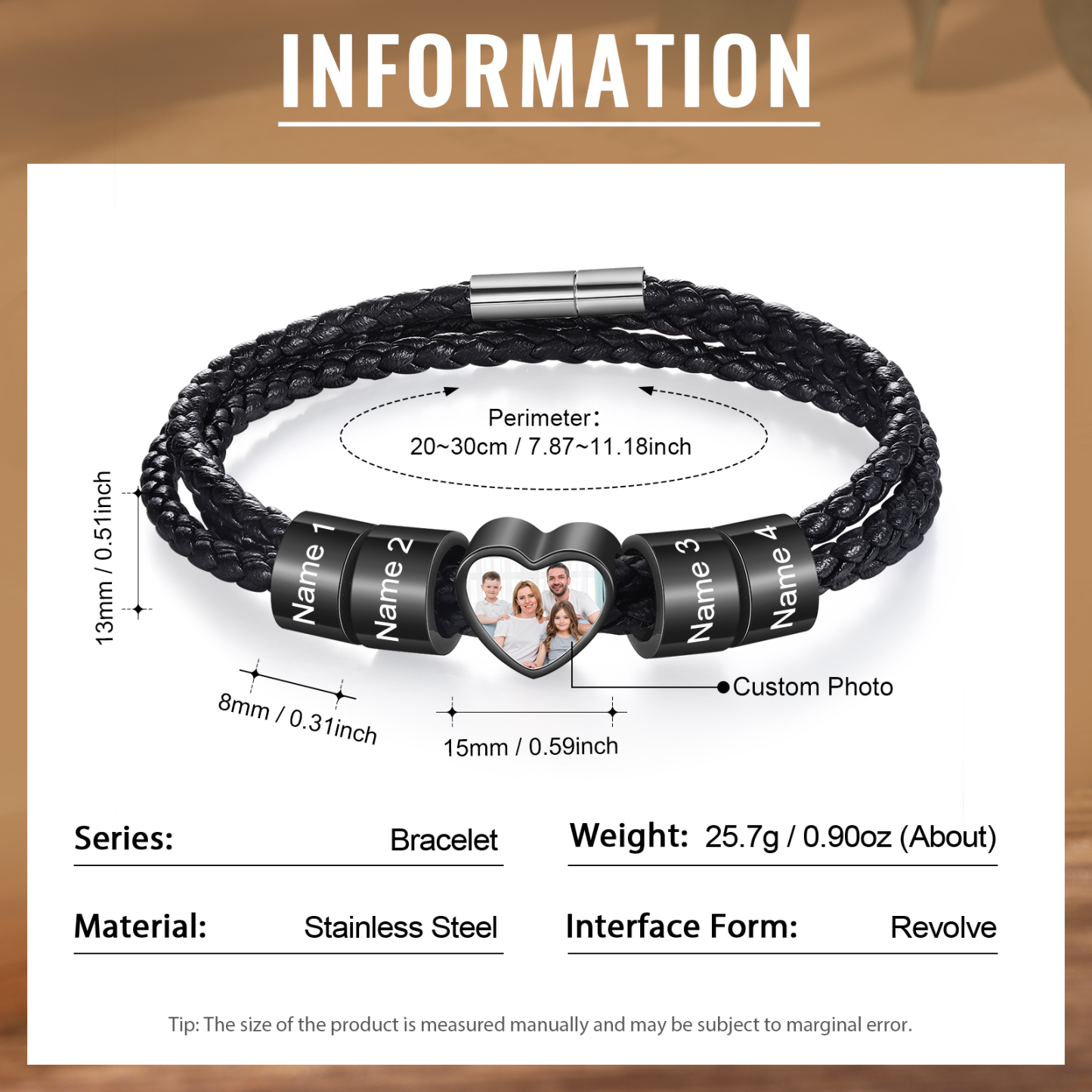 Personalised Leather Bracelet with Custom 4 Names and 1 Photo Men's Bracelet for Him | Jessmade