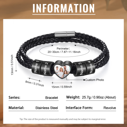 Personalised Leather Bracelet with Custom 4 Names and 1 Photo Men's Bracelet for Him | Jessmade