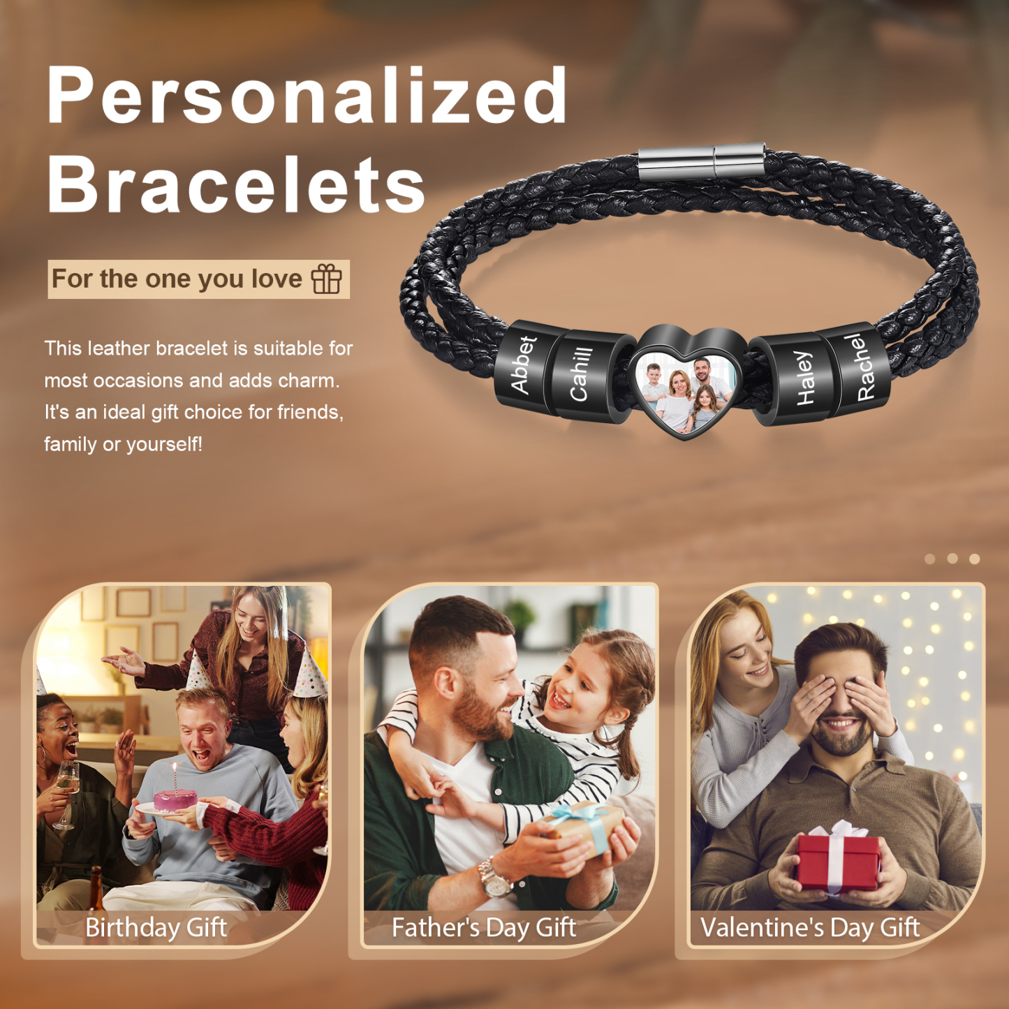 Personalised Leather Bracelet with Custom 4 Names and 1 Photo Men's Bracelet for Him | Jessmade