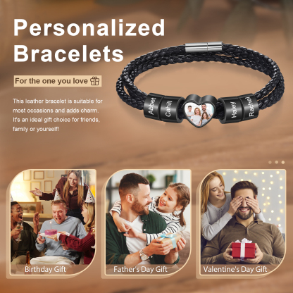 Personalised Leather Bracelet with Custom 4 Names and 1 Photo Men's Bracelet for Him | Jessmade