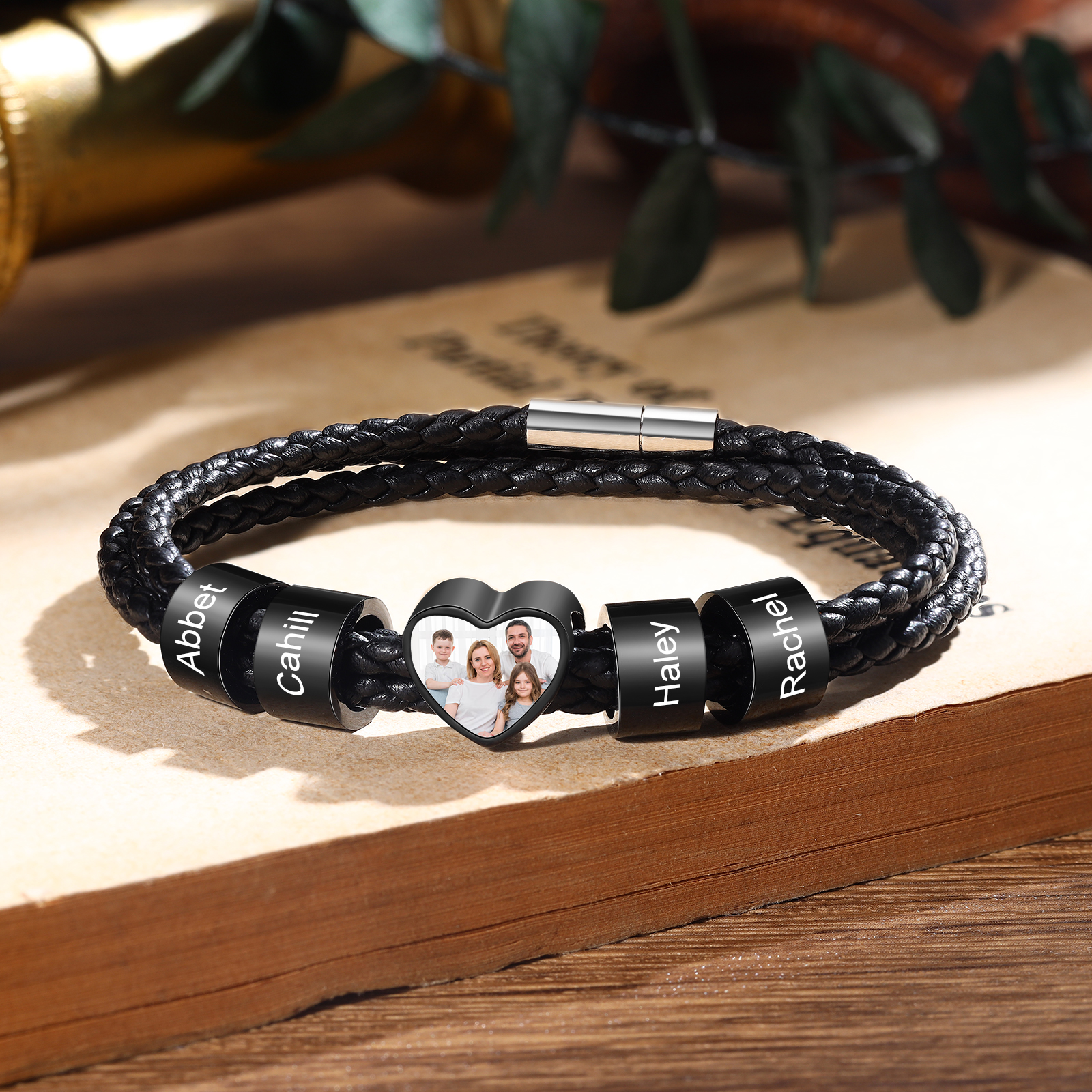 Personalised Leather Bracelet with Custom 4 Names and 1 Photo Men's Bracelet for Him | Jessmade