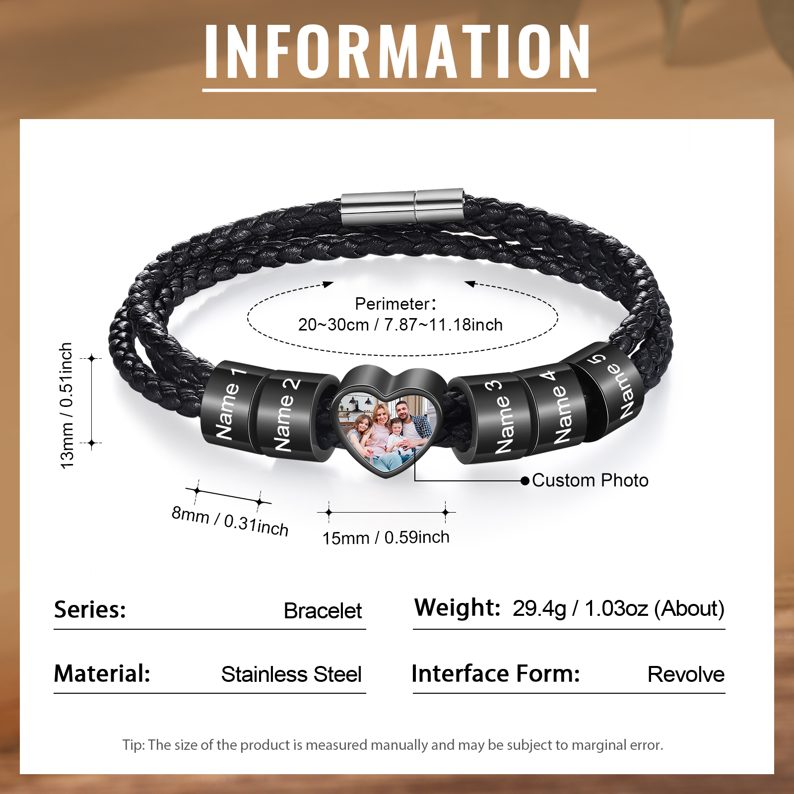 Personalised Leather Bracelet with Custom 5 Names and 1 Photo Men's Bracelet for Him | Jessmade