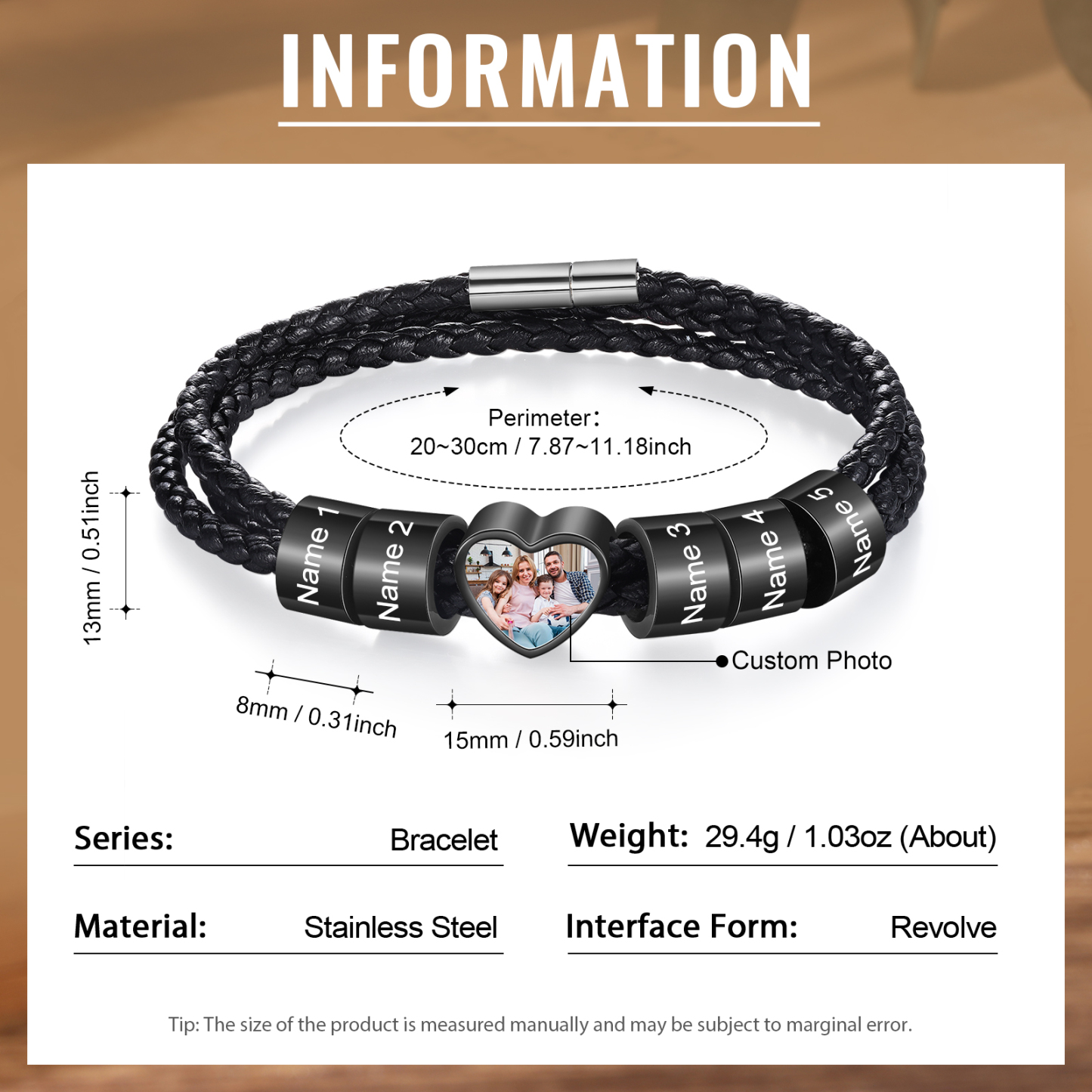 Personalised Leather Bracelet with Custom 5 Names and 1 Photo Men's Bracelet for Him | Jessmade