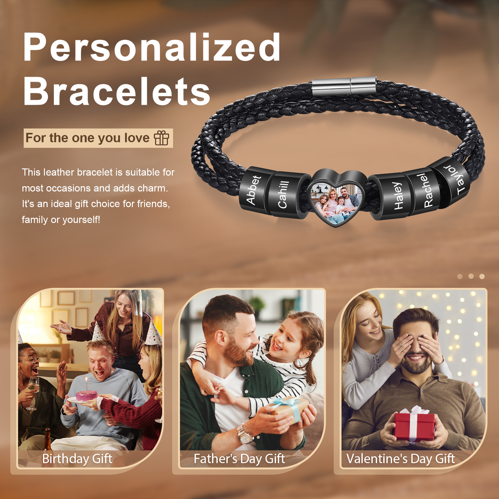 Personalised Leather Bracelet with Custom 5 Names and 1 Photo Men's Bracelet for Him | Jessmade